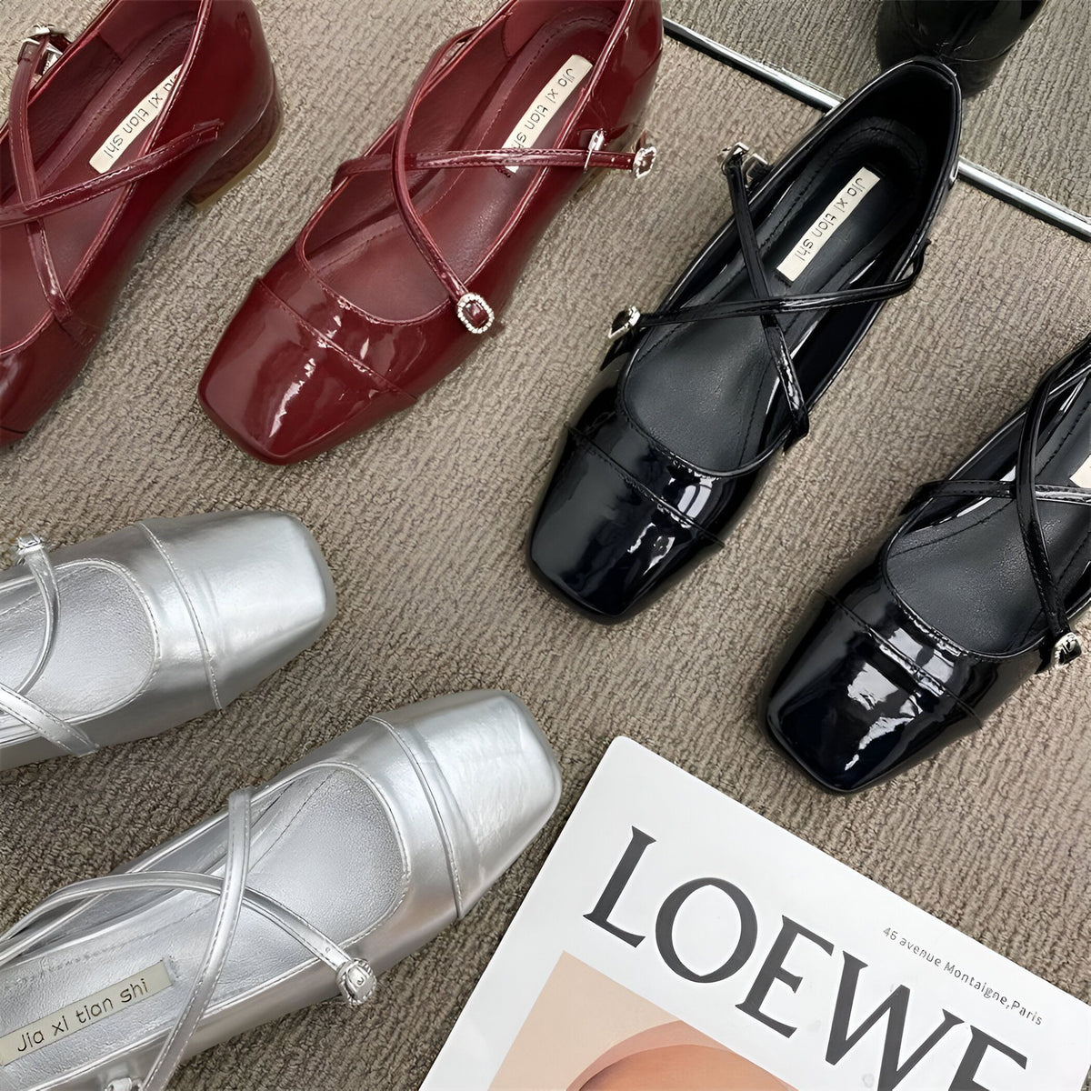 Élégance Ballerines Mocassins Vernis Argenté