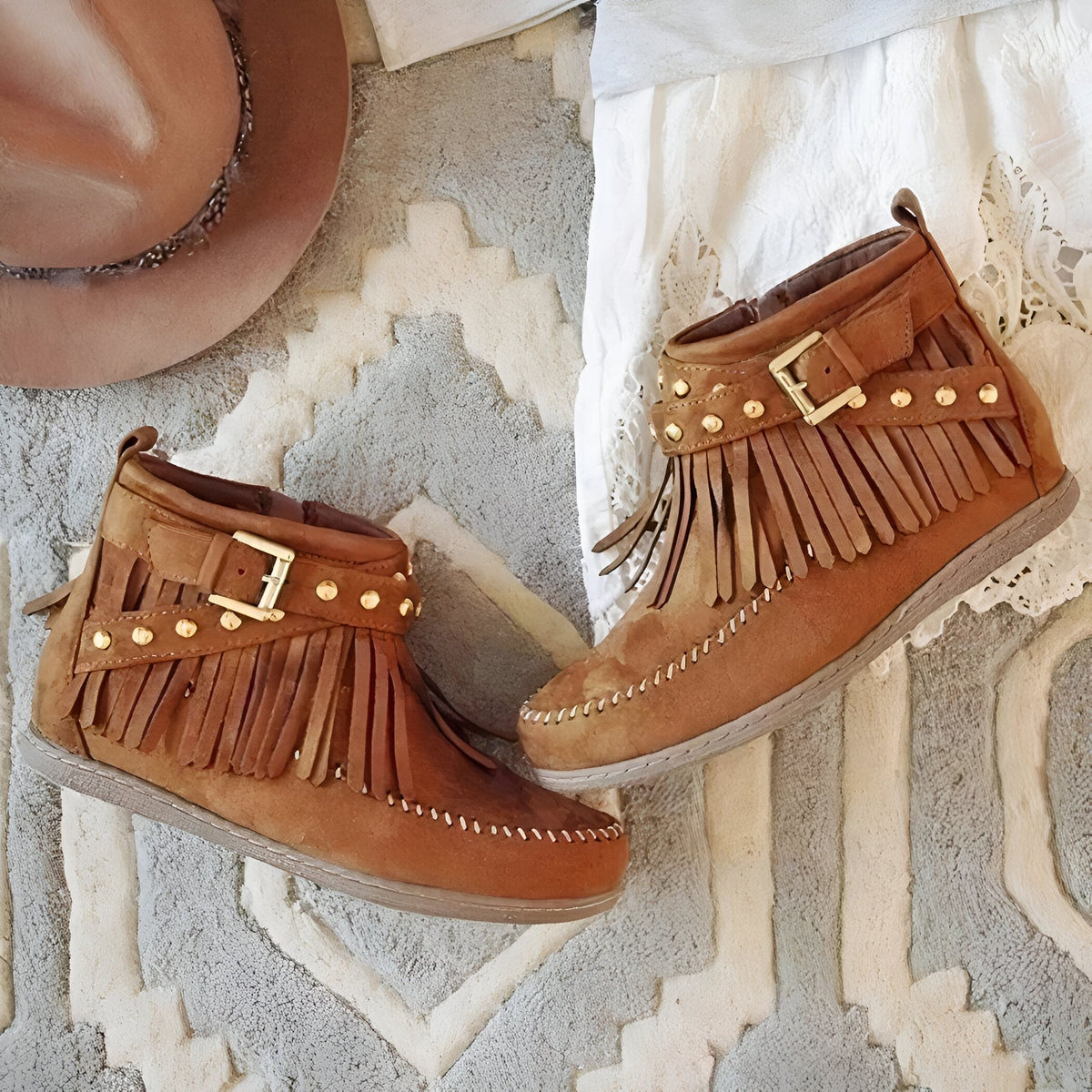 Bottines Indiennes Franges Boucles Cuir Végan™