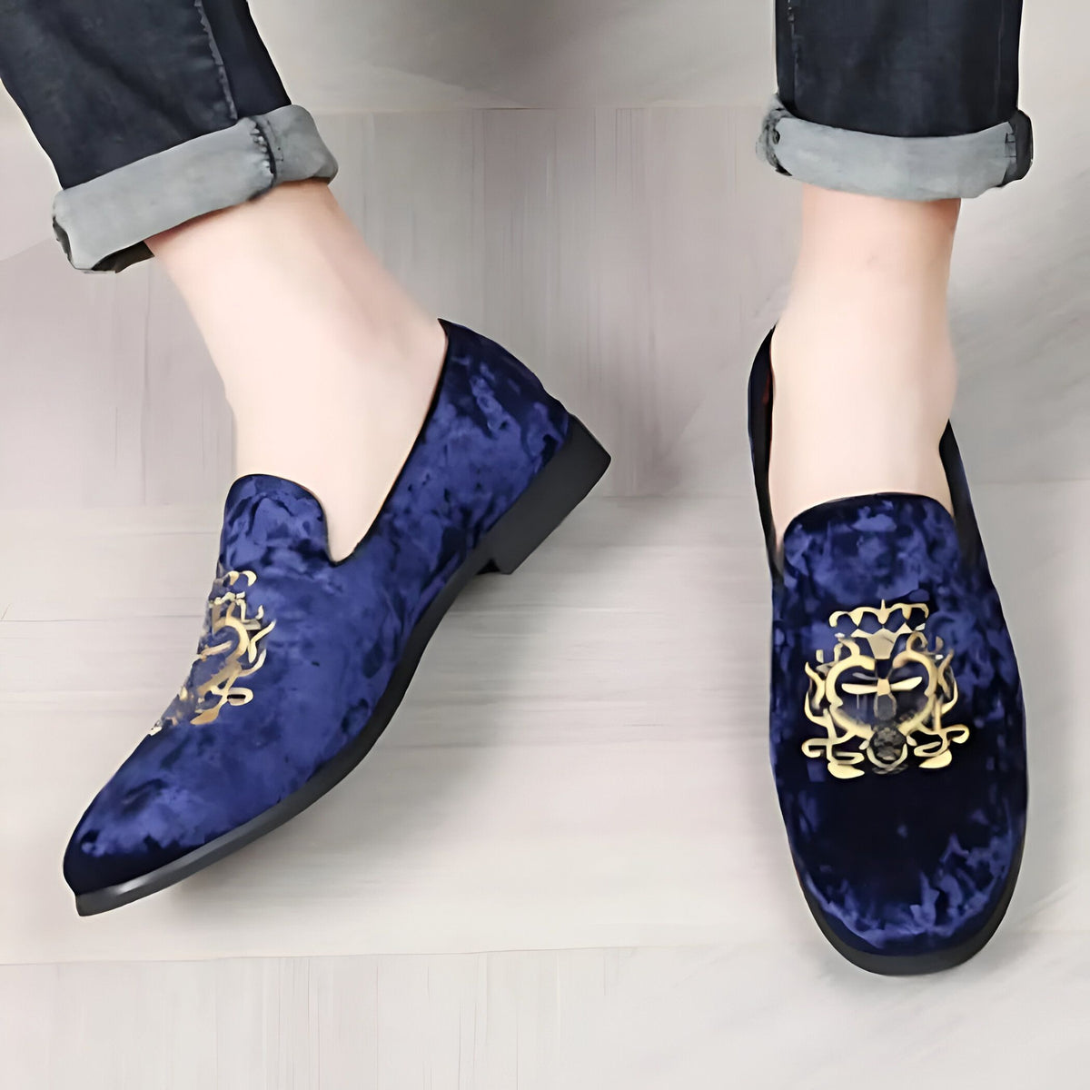 Mocassins homme velours brodé or - Élégance Signature