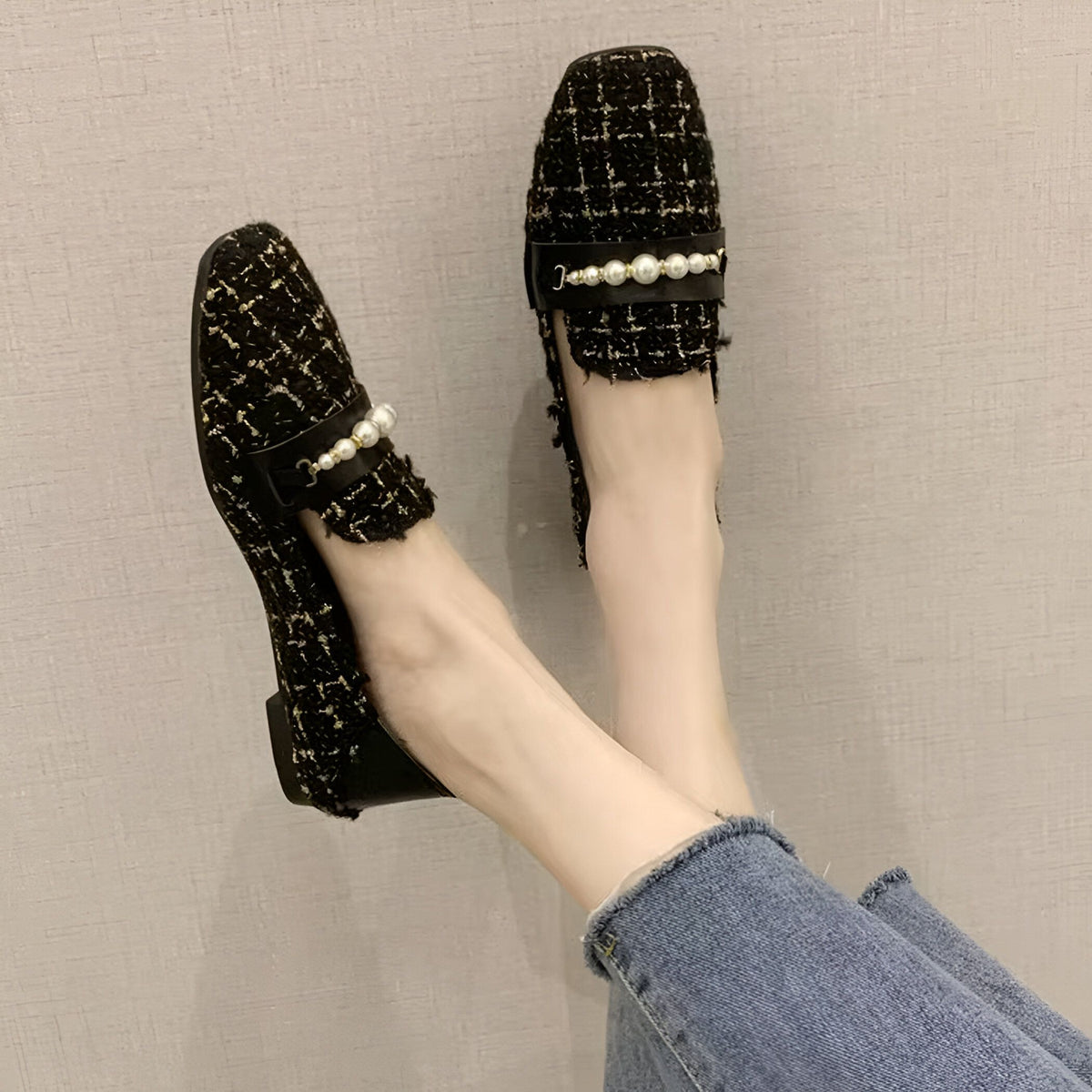 Luxe Atelier Mocassins en Tweed Ornés de Perles