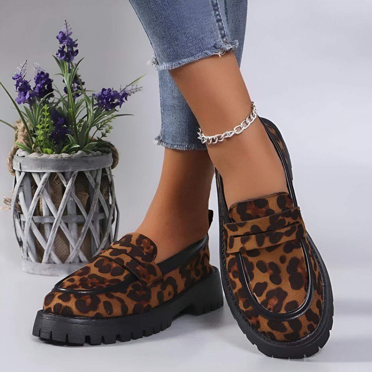 Chic Mocassins Léopard Semelles Épaisses Femme Confort