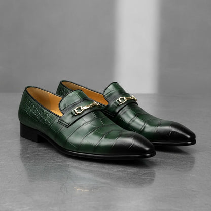 Luxe Mocassins Homme Cuir Vert Croco Pointus