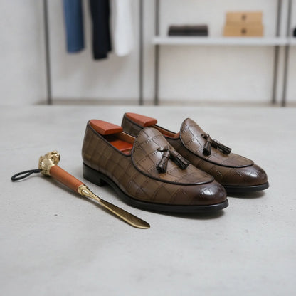 Luxe Mocassins Cuir Vachette Effet Croco Glands