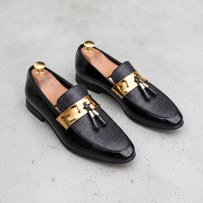 Premium Mocassins Homme Noir Glands Dorés en Cuir