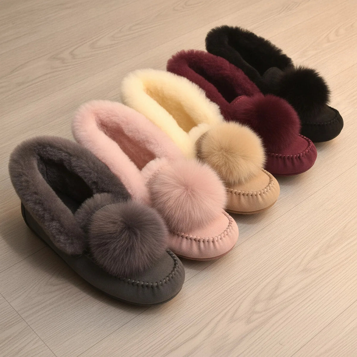 Nova Mocassins Fourrés Daim Pompon Hiver Confortables