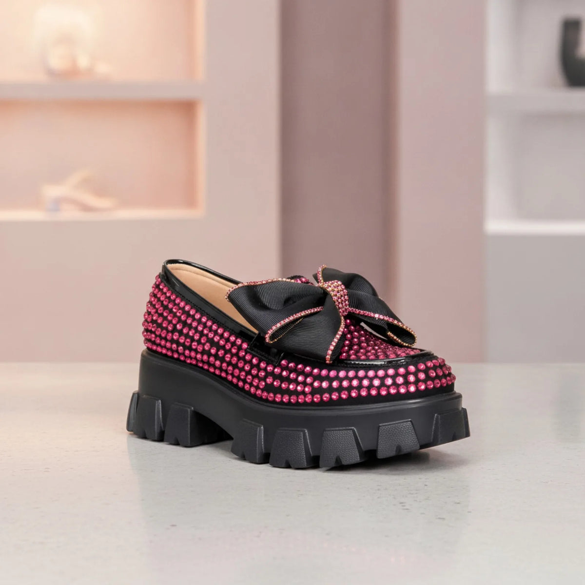 Mocassins femme plateforme Papillon strass rose-Couture