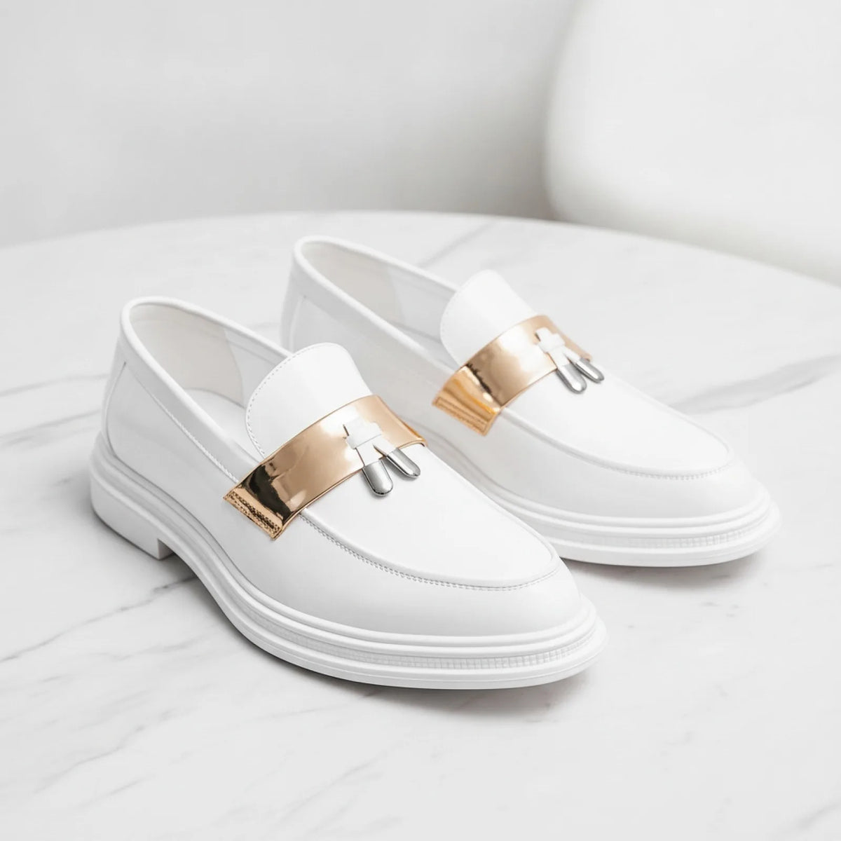 Prestige Mocassins Homme Blancs Vernis à Glands