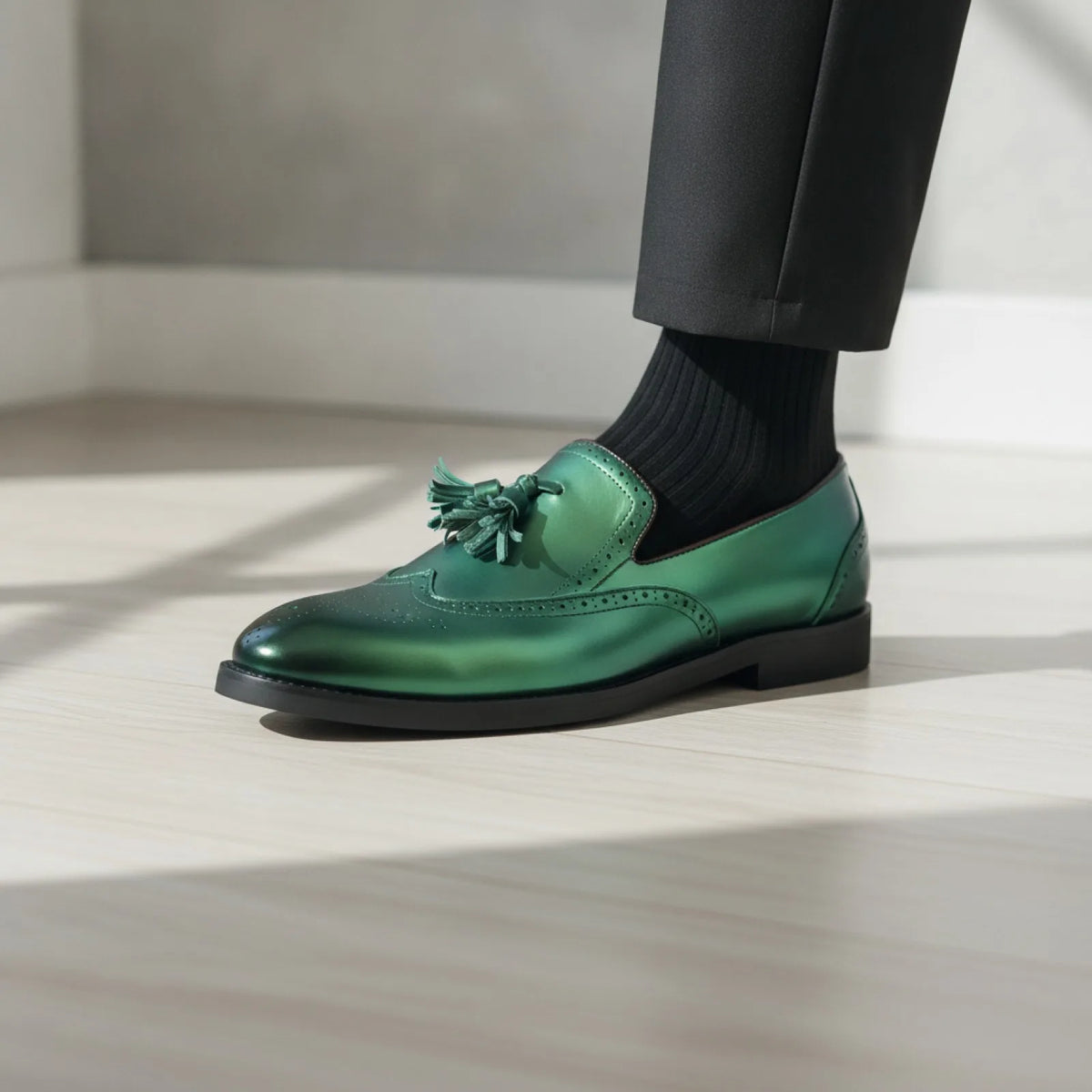 Mocassins Homme Vert Métallisé - Glands Élégants