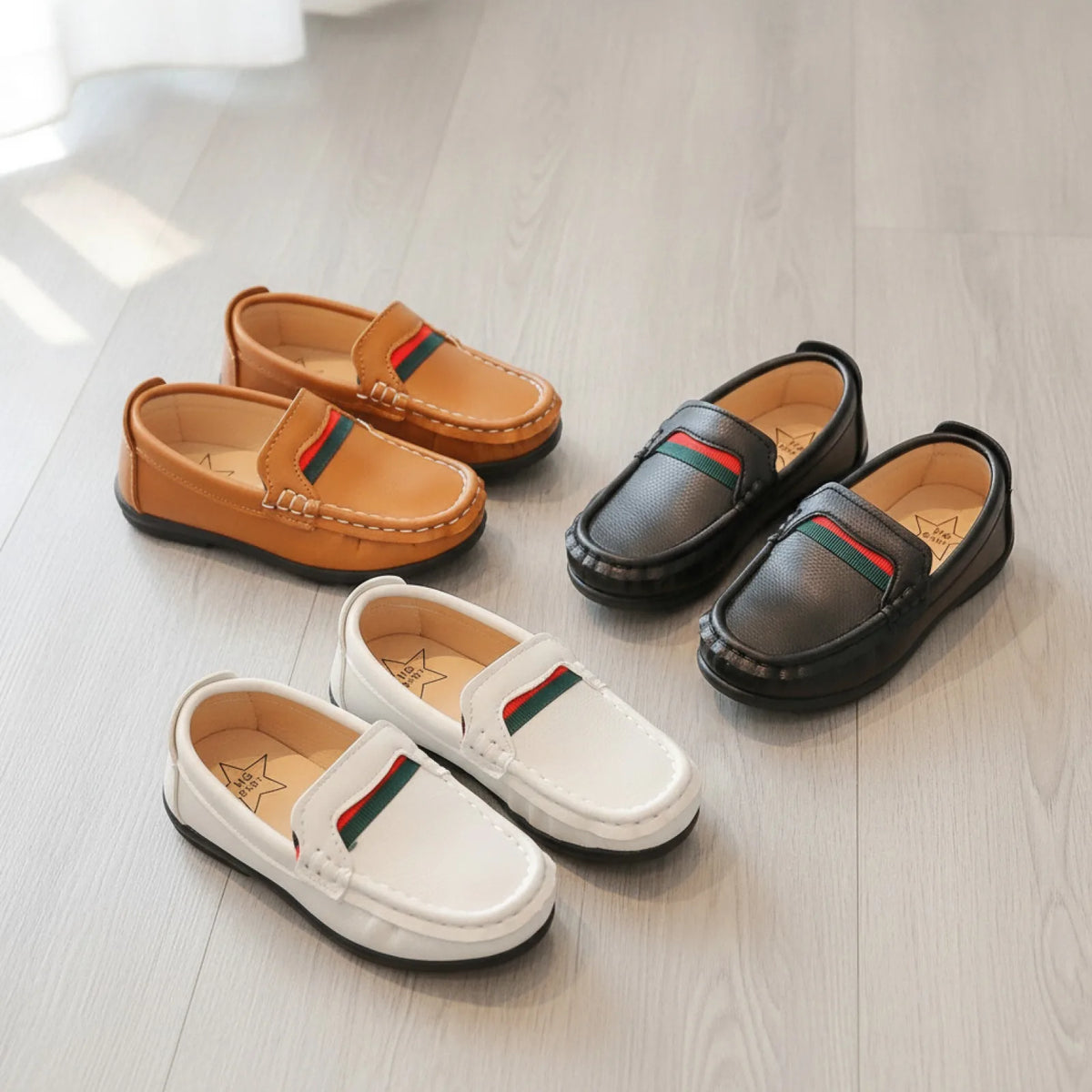 Brandé Mocassins Garçons Cuir Souple Bandes Colorées