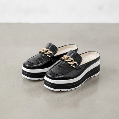 Mules compensées vegan Luxe - Croco & Chaîne dorée
