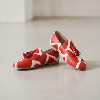 Nova Mocassins Femme Rouge Blanc Motifs Glands Raffinés