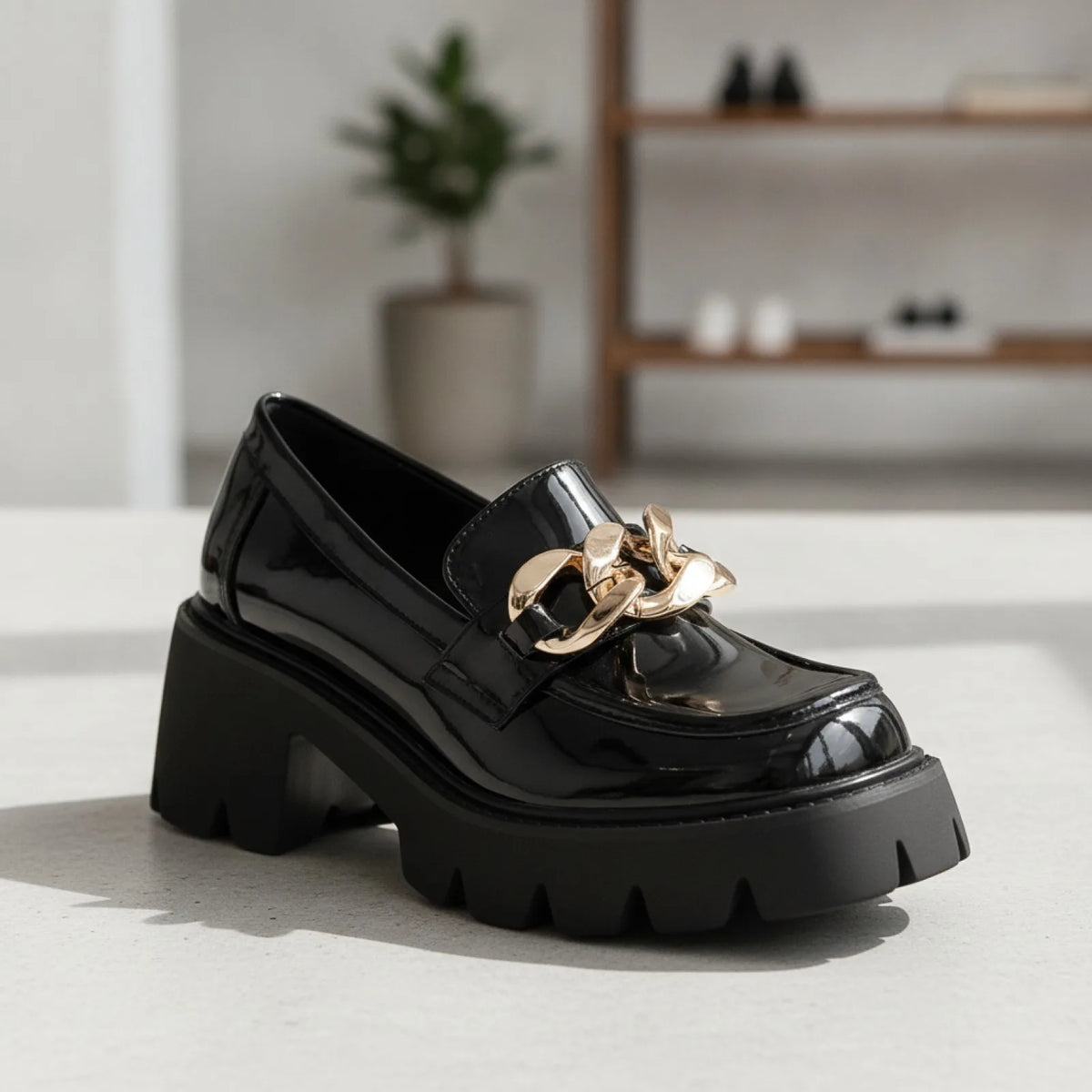 LX Mocassins noirs talons épais cuir verni chaîne dorée