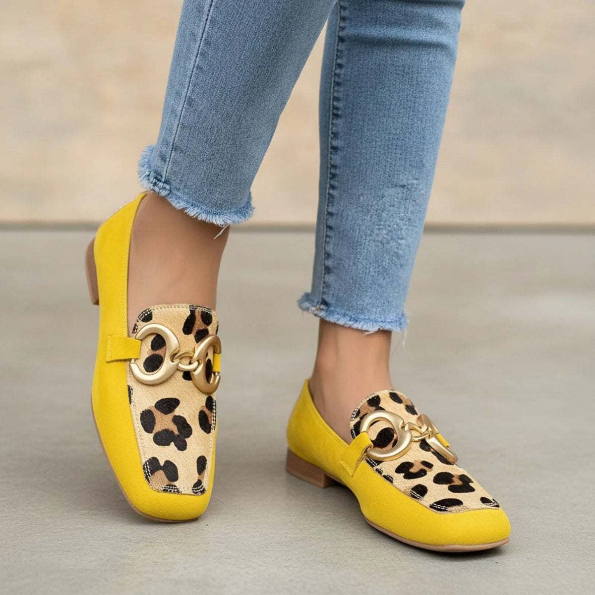 Lux Mocassins Jaunes Imprimé Léopard Boucle Dorée Femme