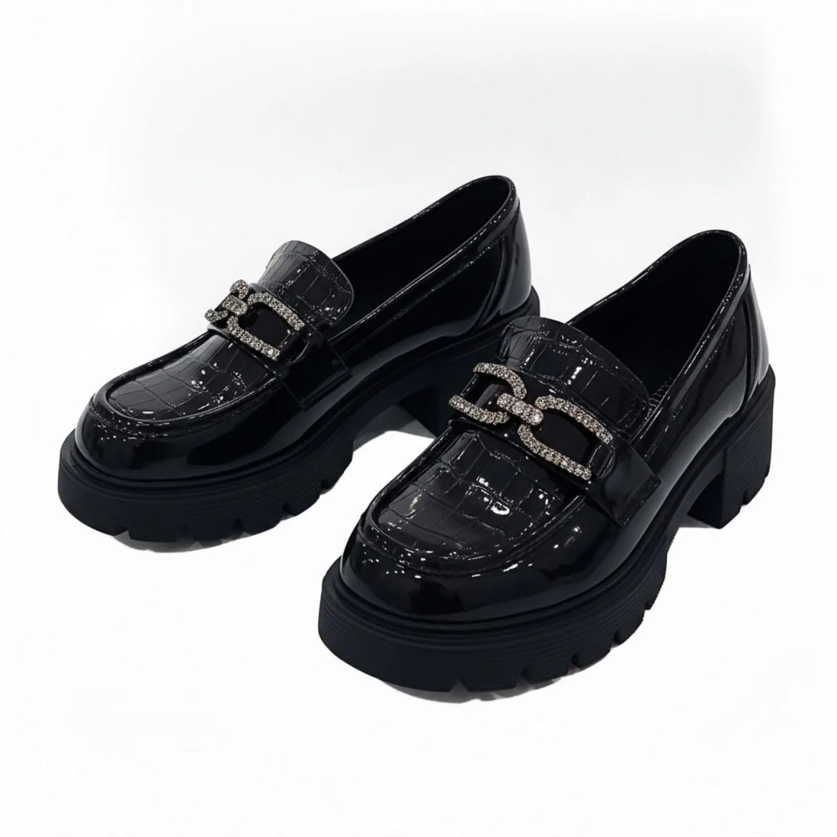 Mocassins Plateforme Vernis Croco - Chaîne Strass Noir
