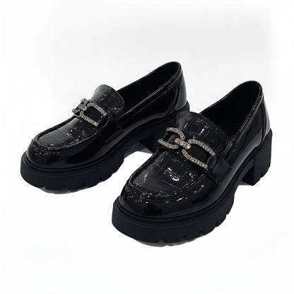 Mocassins Plateforme Vernis Croco - Chaîne Strass Noir