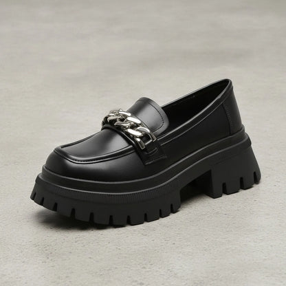 Nova Mocassins Plateforme Femme Noir Chaîne Argentée