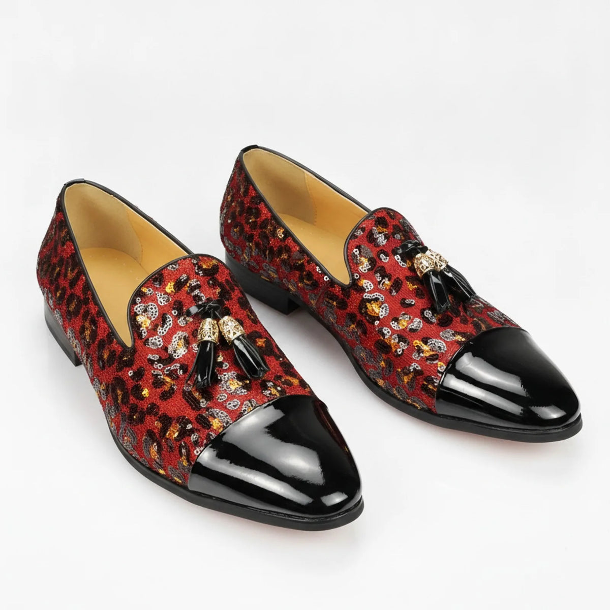 Mocassins Vernis Noirs – Simili Cuir, Sequins et Glands