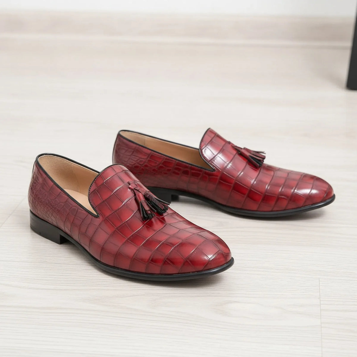 Signature Mocassins Cuir Vernis Rouge Grain Crocodile