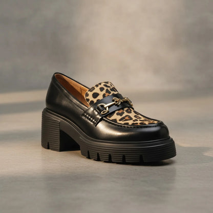 Élégance Mocassins Femme Noirs Léopard & Talon Bloc