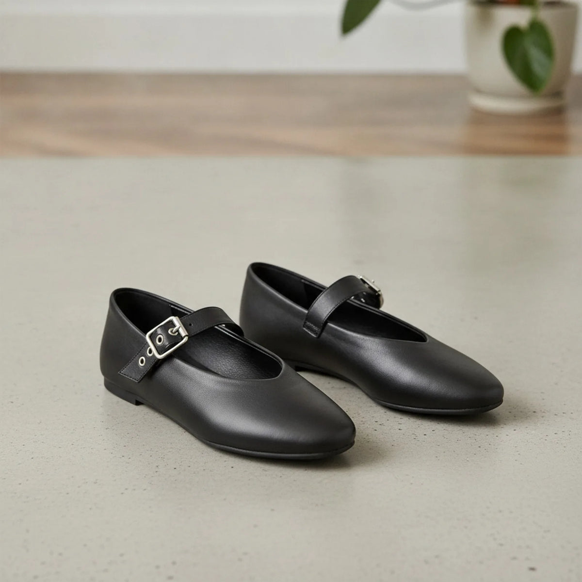 Élégance Mocassins Mary Jane Noir Cuir Végan