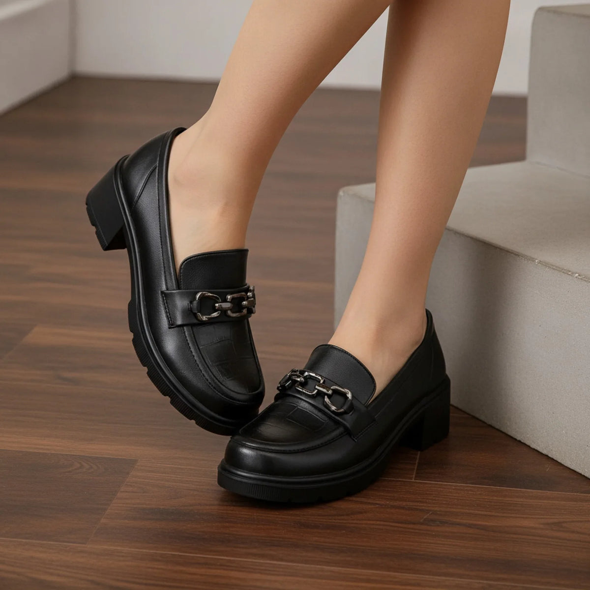 Nova Mocassins Femme Noir Talons Carrés Mors Argentés