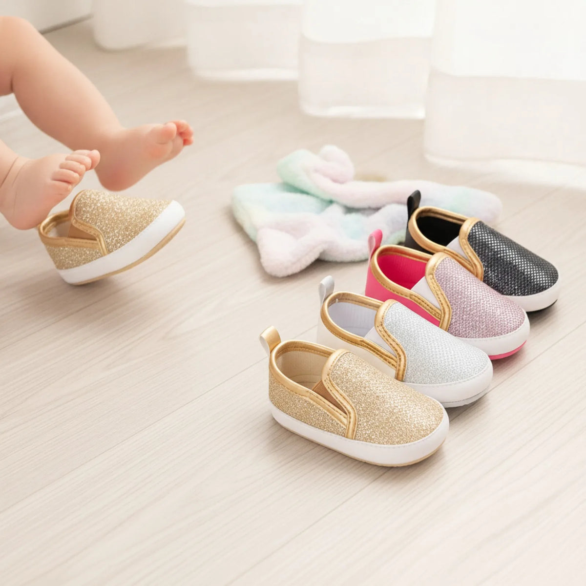 Nova Mocassins bébé fille souples paillettes faciles