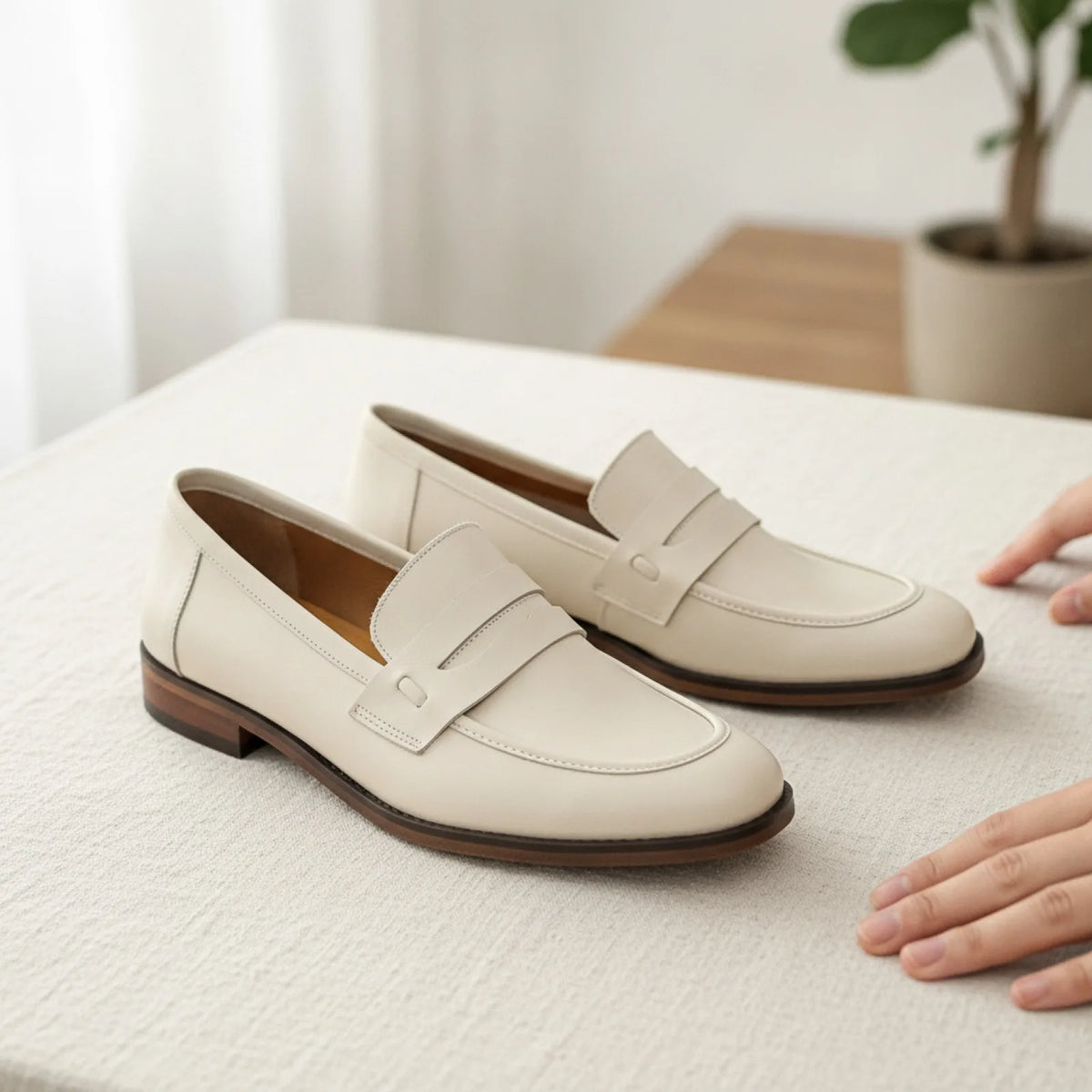 Signature Mocassins Cuir Véritable Beige Semelles Marron