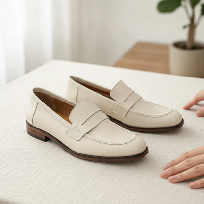 Signature Mocassins Cuir Véritable Beige Semelles Marron