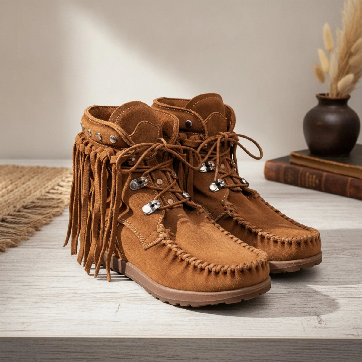 Nova Mocassins Bohèmes Franges Lacets Cuir Végan