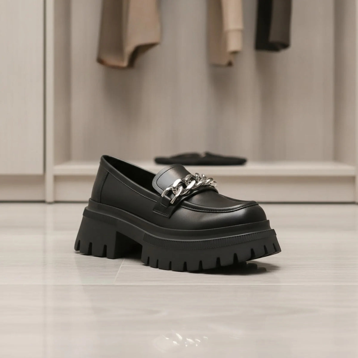 Nova Mocassins Plateforme Femme Noir Chaîne Argentée