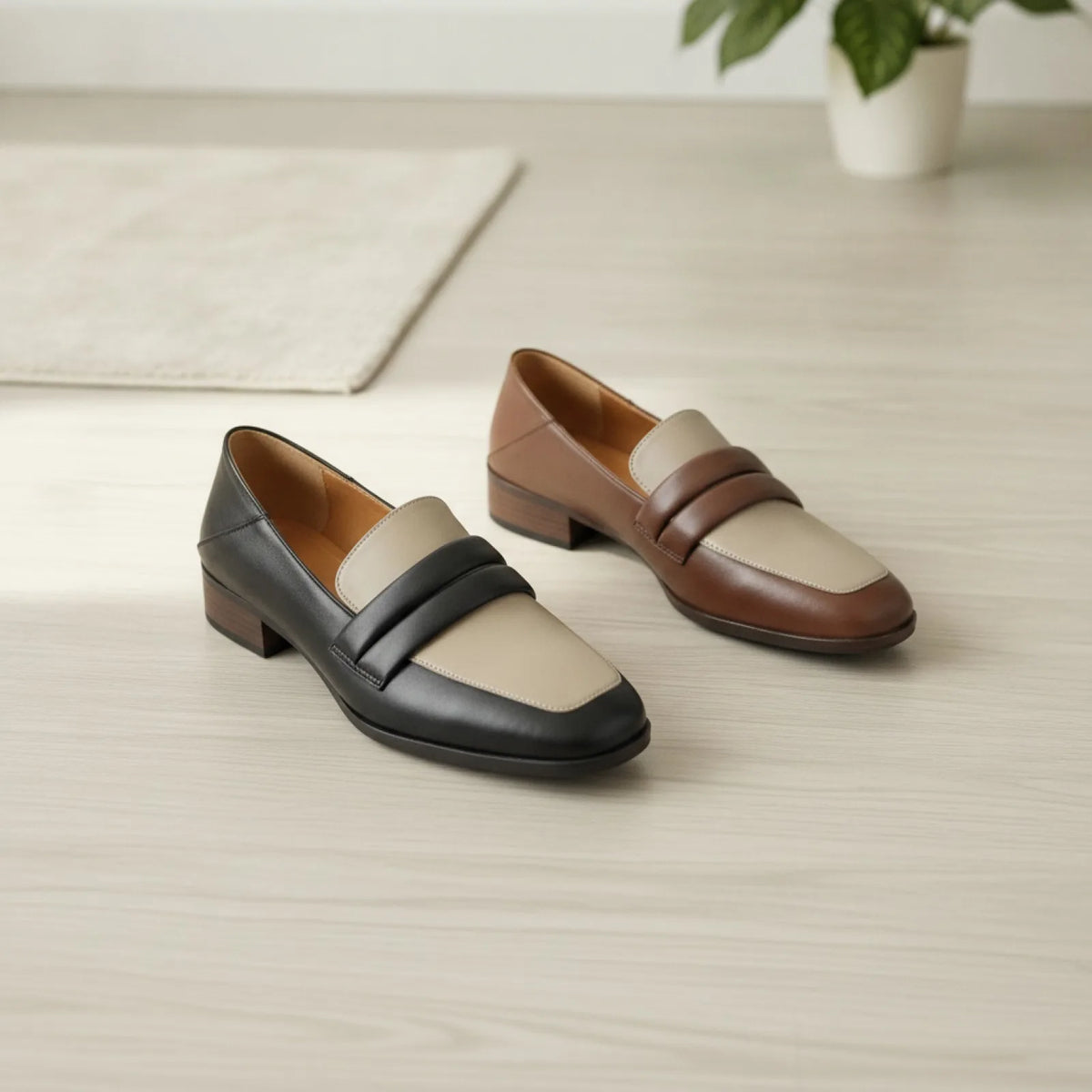 Nexa Mocassins Cuir Véritable Bicolores Talon Carré