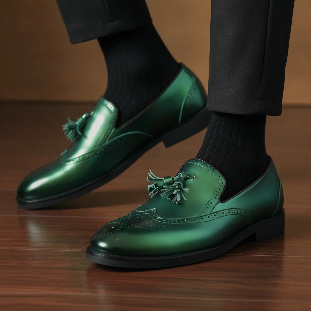 Mocassins Homme Vert Métallisé - Glands Élégants