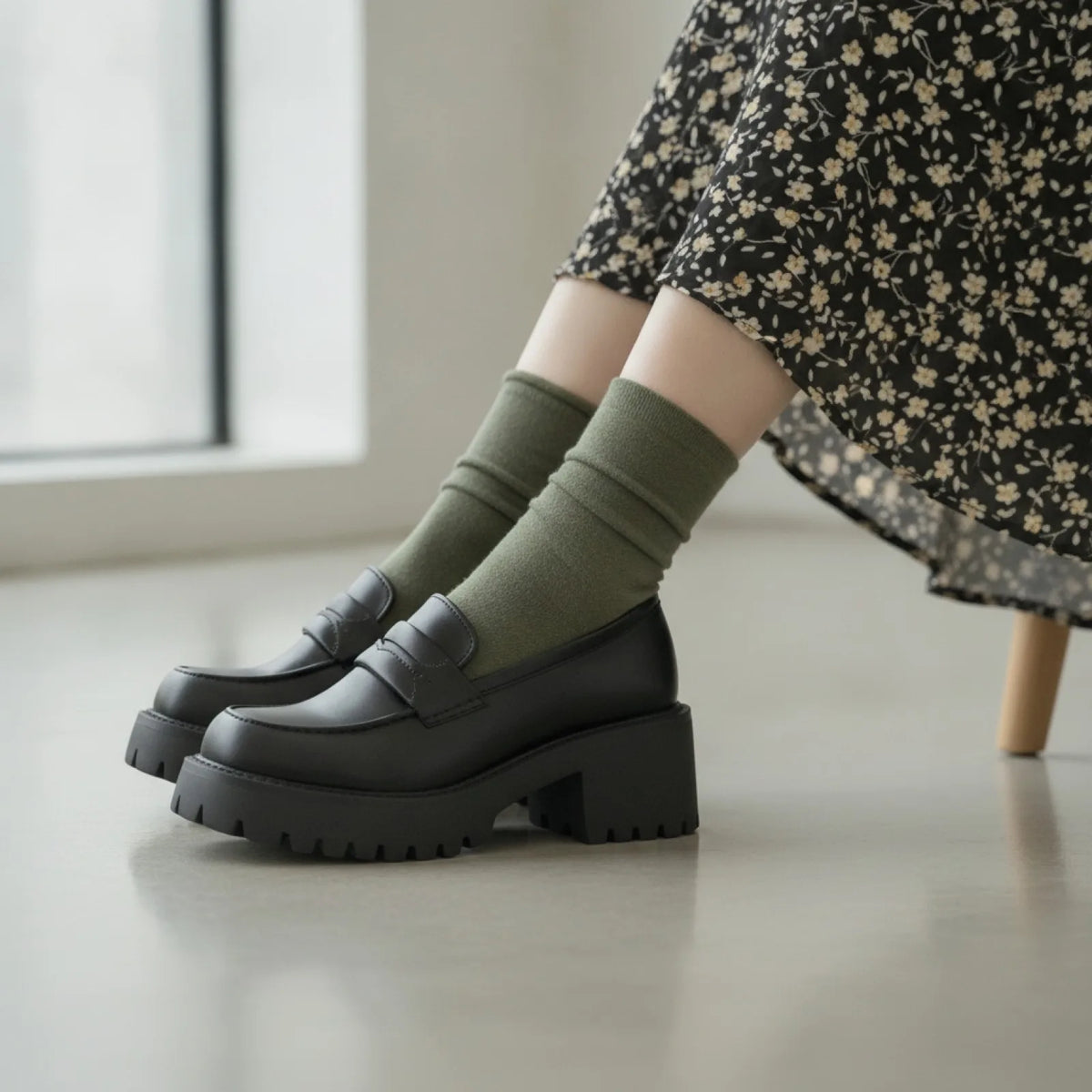 Vogue Mocassins noirs femme talon carré semelle épaisse