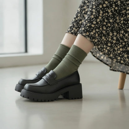 Vogue Mocassins noirs femme talon carré semelle épaisse
