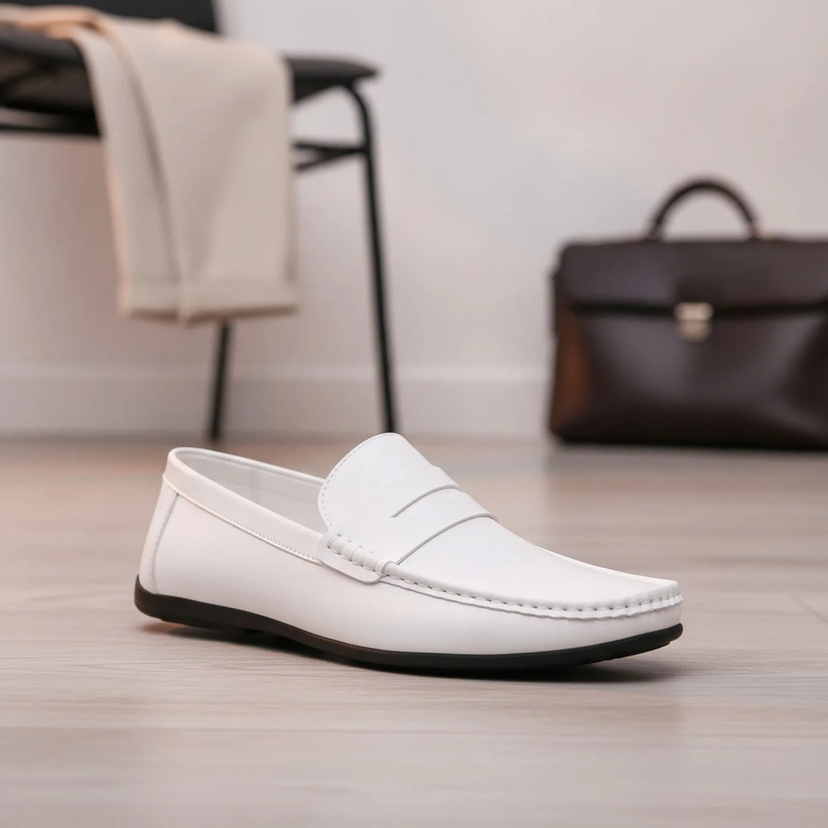 LuxeFoot Mocassins Homme Blanc Simili Cuir Soigné