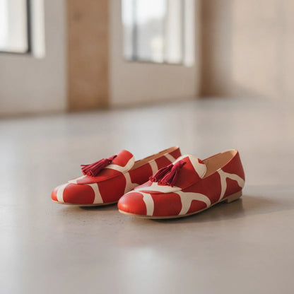 Nova Mocassins Femme Rouge Blanc Motifs Glands Raffinés
