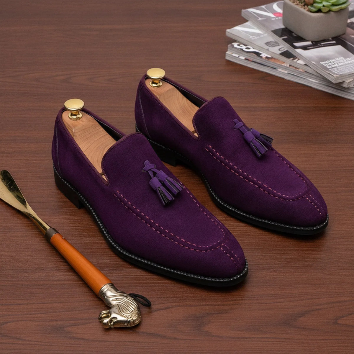 Mocassins Daim Violet - Pompons et Semelle Caoutchouc