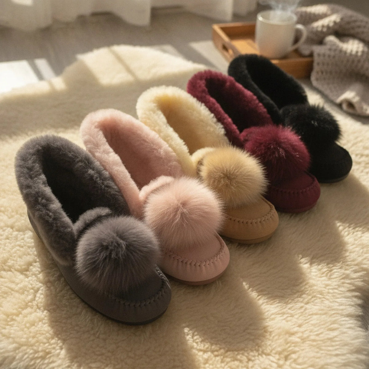Nova Mocassins Fourrés Daim Pompon Hiver Confortables