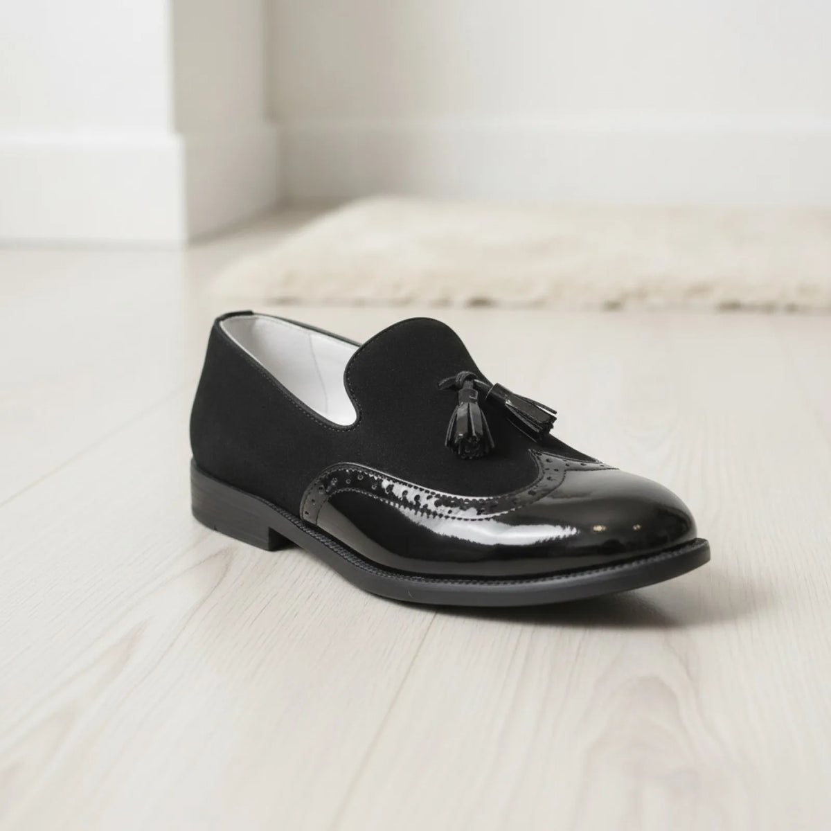 LuxeKids Mocassins garçon cuir noir pampilles