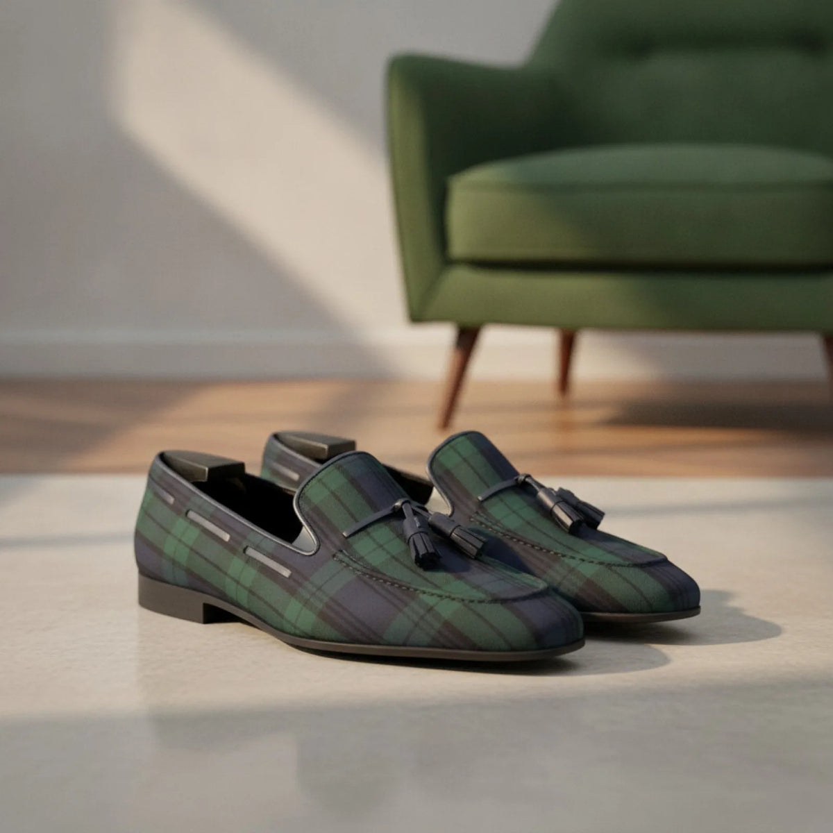 Élite Mocassins Homme Carreaux Bleu Vert à Glands
