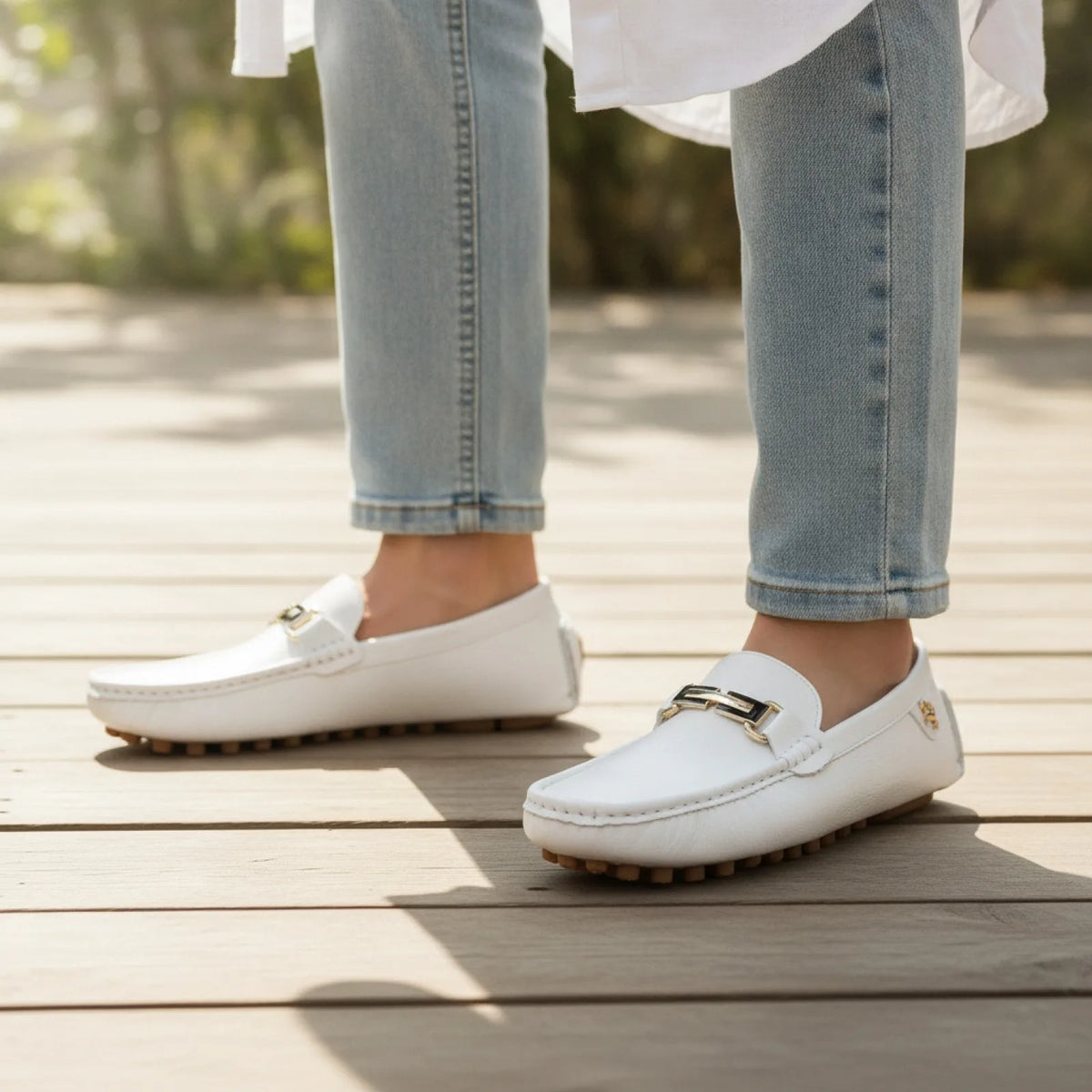 Prestige Mocassins Blancs Cuir Effet Homme Élégant