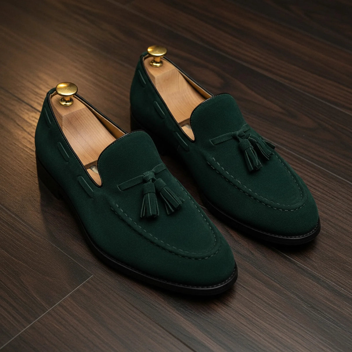 Mocassins Homme Suédine Verte à Glands – Élégants