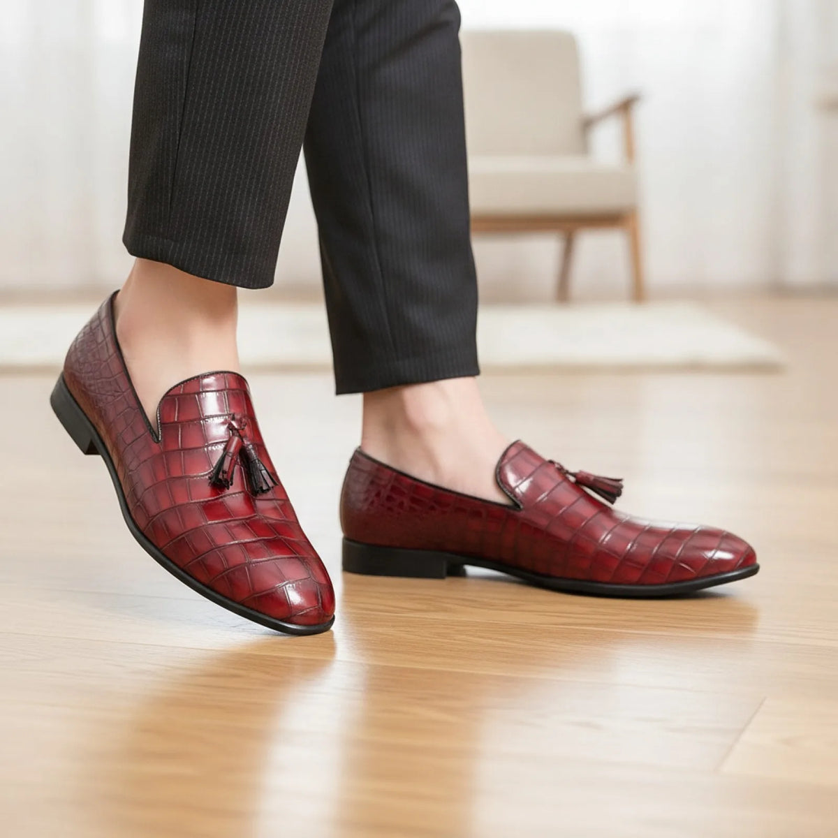Signature Mocassins Cuir Vernis Rouge Grain Crocodile