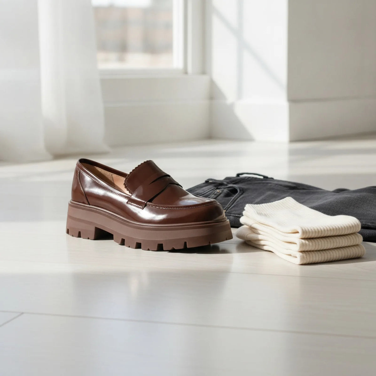 Luxia Mocassins Marron Cuir Vernis Plateforme