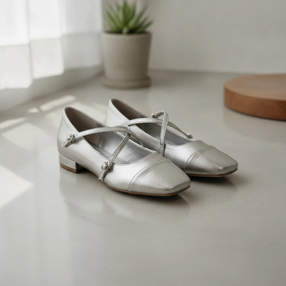 Élégance Ballerines Mocassins Vernis Argenté