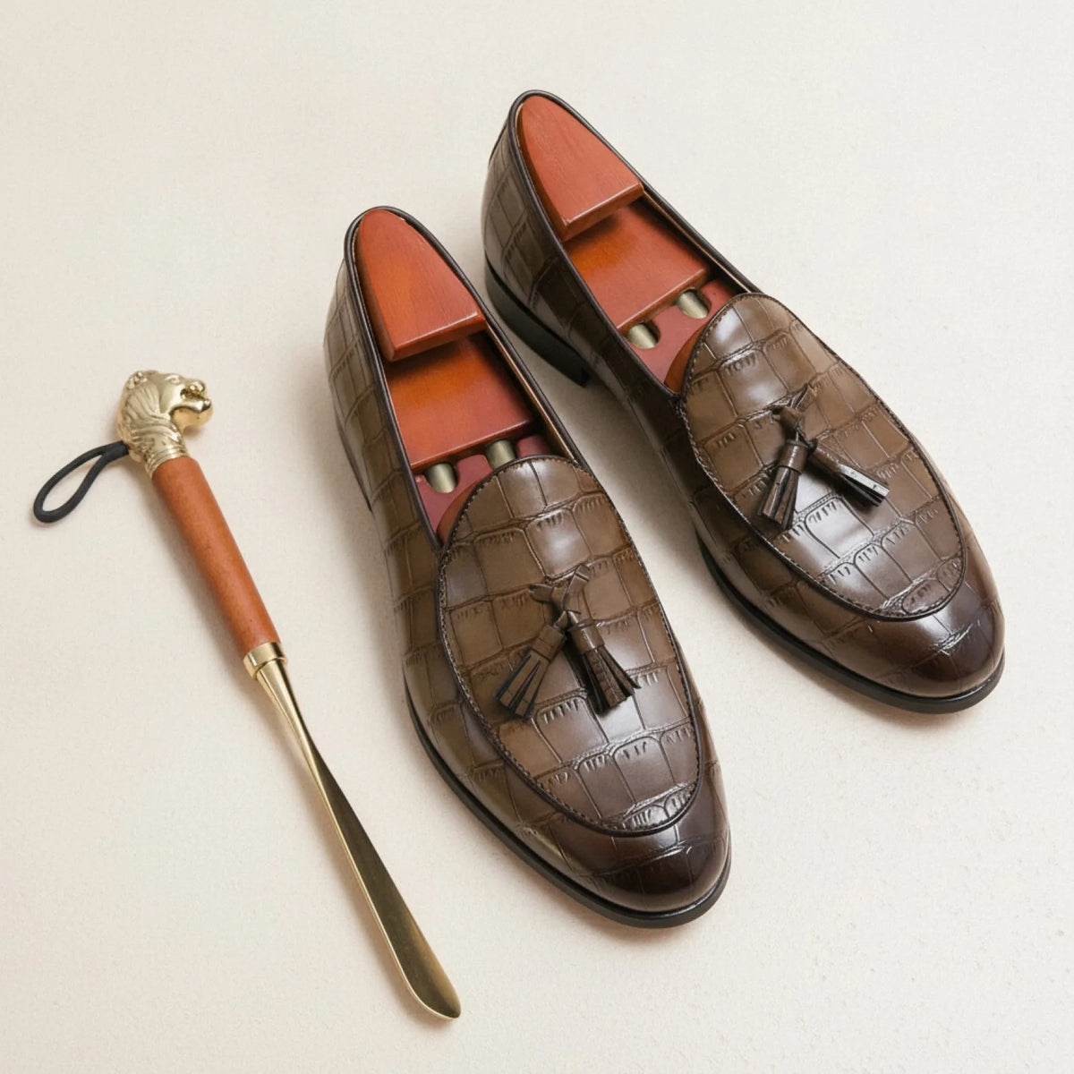 Luxe Mocassins Cuir Vachette Effet Croco Glands