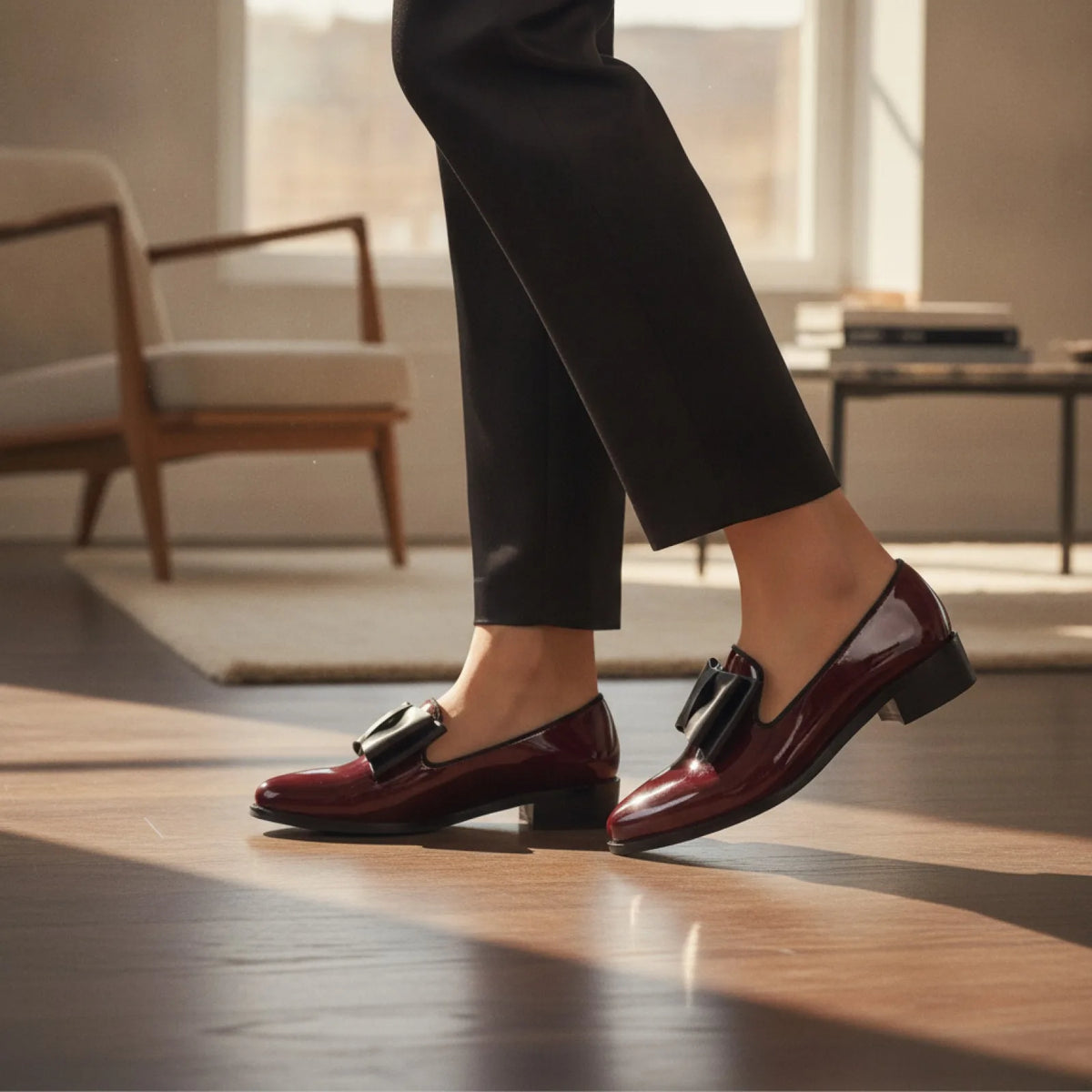 Luxe Mocassins Cuir Verni Bout Pointu Nœud Décoratif