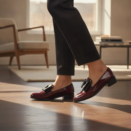 Luxe Mocassins Cuir Verni Bout Pointu Nœud Décoratif