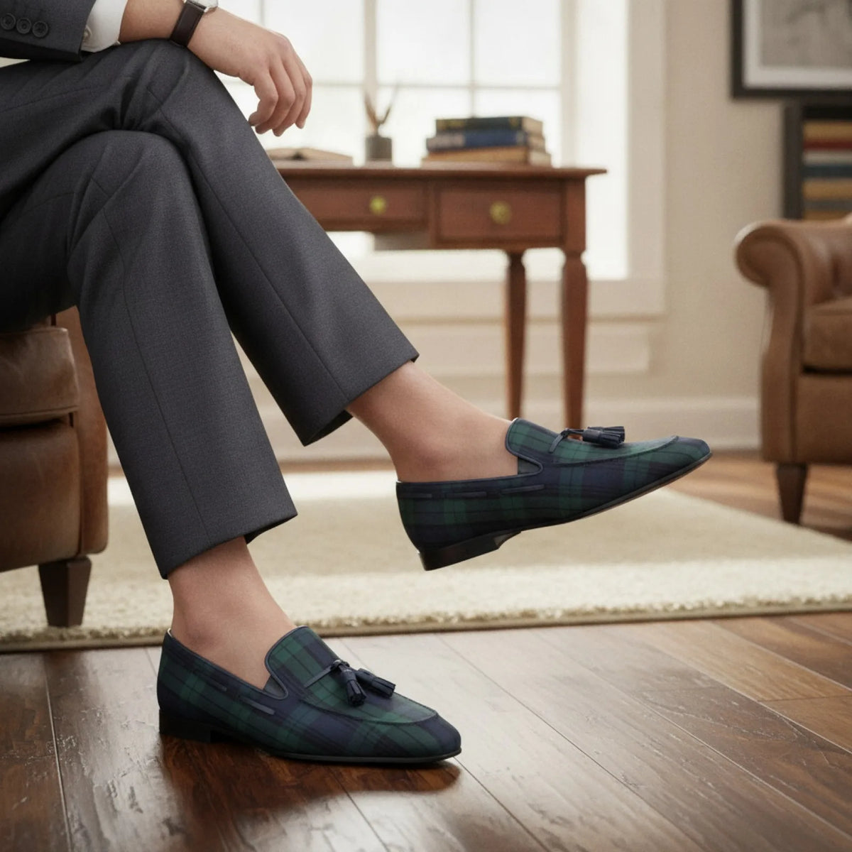 Élite Mocassins Homme Carreaux Bleu Vert à Glands