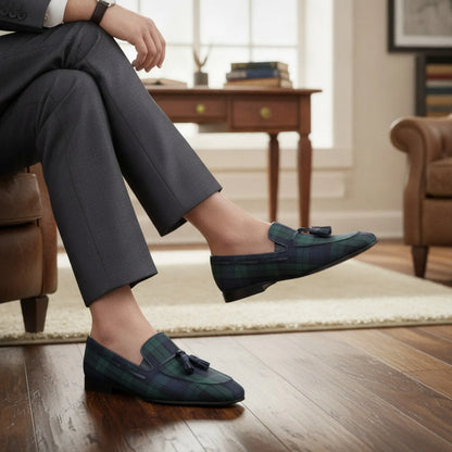 Élite Mocassins Homme Carreaux Bleu Vert à Glands